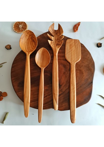 Ahşap Tahta Servis, Sunum, Kaşık Spatula ve Salata Servis Kaşığı Seti - El Yapımı - Zeytin Ağacı