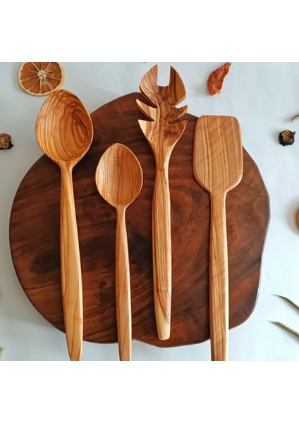 Ahşap Tahta Servis, Sunum, Kaşık Spatula ve Salata Servis Kaşığı Seti - El Yapımı - Zeytin Ağacı fiyatları