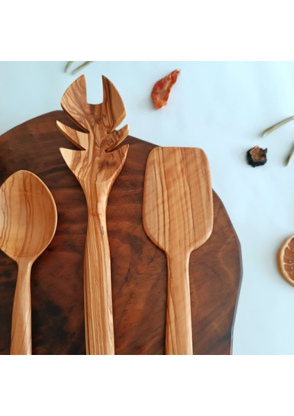 Ahşap Tahta Servis, Sunum, Kaşık Spatula ve Salata Servis Kaşığı Seti - El Yapımı - Zeytin Ağacı fırsatları