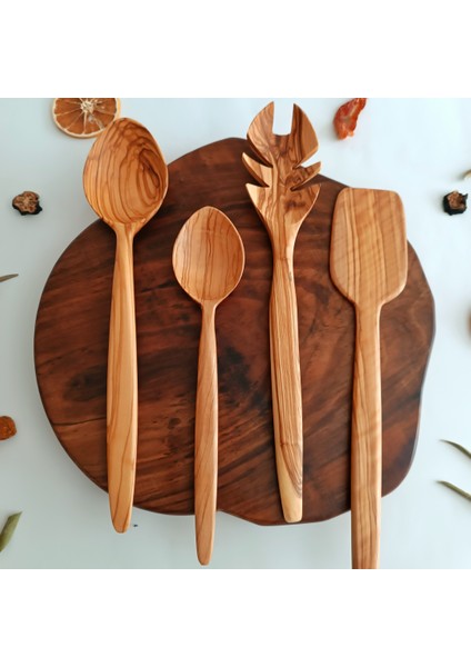 Ahşap Tahta Servis, Sunum, Kaşık Spatula ve Salata Servis Kaşığı Seti - El Yapımı - Zeytin Ağacı indirimleri