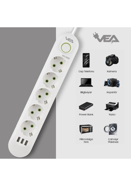 VA-21562 5'li 3 x Usb'li 1.5 metre Akım Korumalı Priz Beyaz