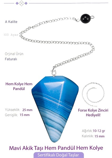 Sertifikalı Mavi Akik Taşı Pandül Sarkaç Hem Pandül - Hem Kolye