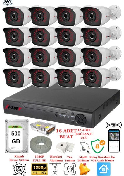 16 Kameralı 5mp 3.6mm Lens 2mp Görüntü 36 Led Gece Görüşlü Full Hd Güvenlik Kamerası 2236 500 GB