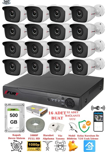 16 Kameralı 5mp 3.6mm Lens 2mp Görüntü 36 Led Gece Görüşlü Full Hd Güvenlik Kamerası 2236 500 GB