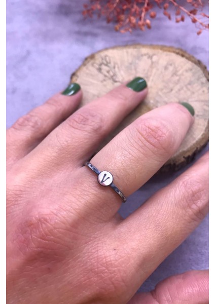 Harfli Gümüş Yüzük V Harfi 925 Ayar Ayarlı Yüzük