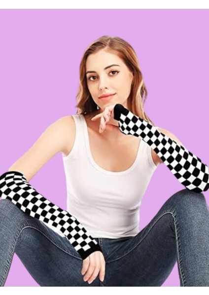 Unisex Ikili Tek Parmak Dama Desenli Punk Kolluk Eldiven