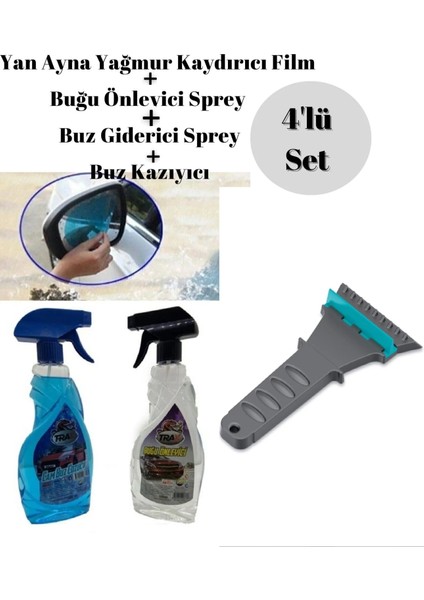 Oto Cam Buz Çözücü Sprey + Araç Buğu Önleyici +Oto Buz Kazıyıcı +Ayna Yağmur Kaydırıcı Film 4 Lü Set