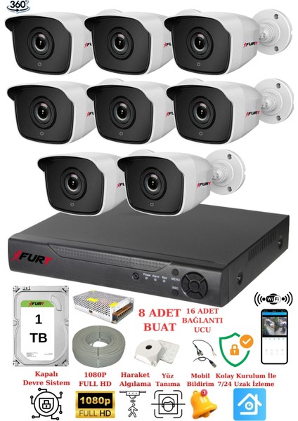 8 Kameralı 5mp 3.6mm Lens 2mp Görüntü 36 Led Gece Görüşlü FullHd Güvenlik Kamerası 2236 1 TB