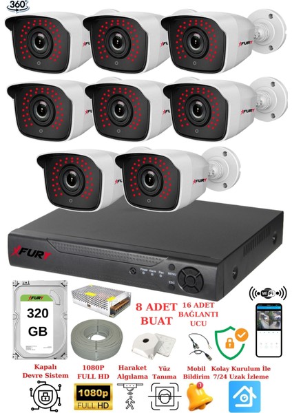 8 Kameralı 5mp 3.6mm Lens 2mp Görüntü 36 Led Gece Görüşlü FullHd Güvenlik Kamerası 2236 320GB