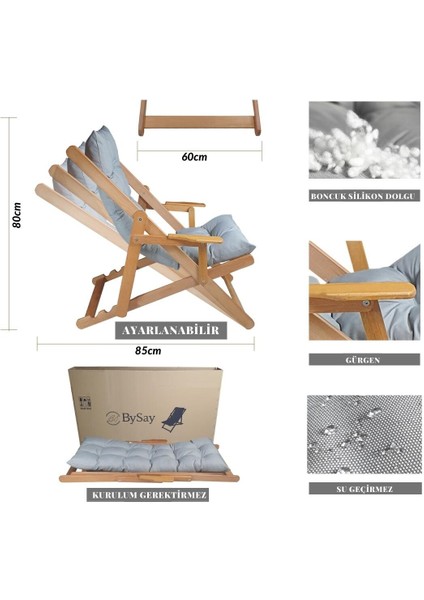 Ahşap Katlanabilir Taşınır Puf Minderli Kollu Şezlong Plaj Teras Balkon Bahçe Takımı 4 Lü Set (Gri)