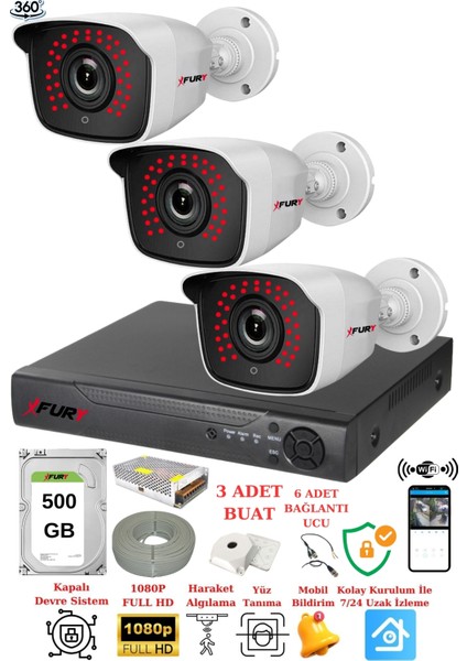 3 Kameralı 5mp 3.6mm Lens 2mp Görüntü 36 Led Gece Görüşlü FullHd Güvenlik Kamerası 2236 500 GB