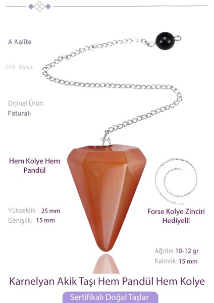 Sertifikalı Karnelyan Akik Taşı Pandül Sarkaç Hem Pandül - Hem Kolye