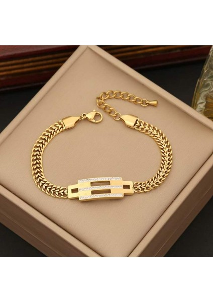 Gold Renk Çelik Kaburga Model Simli Kadın Bileklik