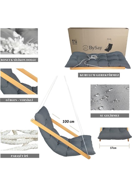 Ahşap Puf Minderli Salıncak Hamak. Ev Balkon Teras Bahçe Için (Antrasit)