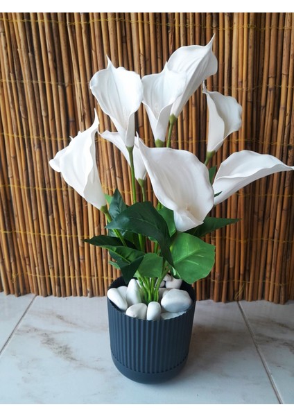 Yapay Zambak Lilyum Çiçeği 40 cm Boy Beyaz Zambak Bitkisi Salon Ev Mekan Bitkisi Antrasit Saksı