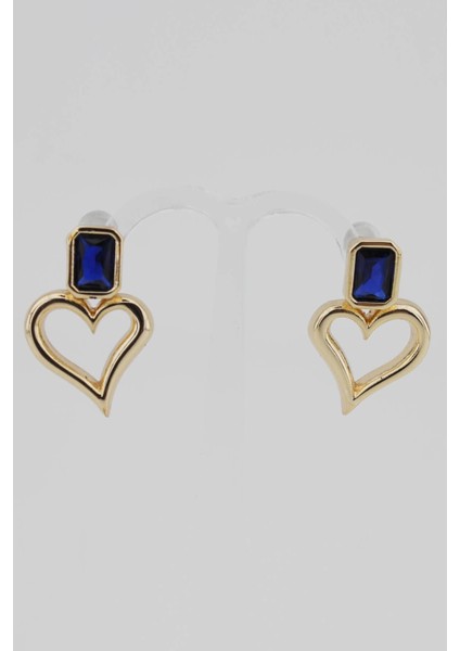 Lacivert Taşlı Kalp Küpe - Altın Renk fırsatları