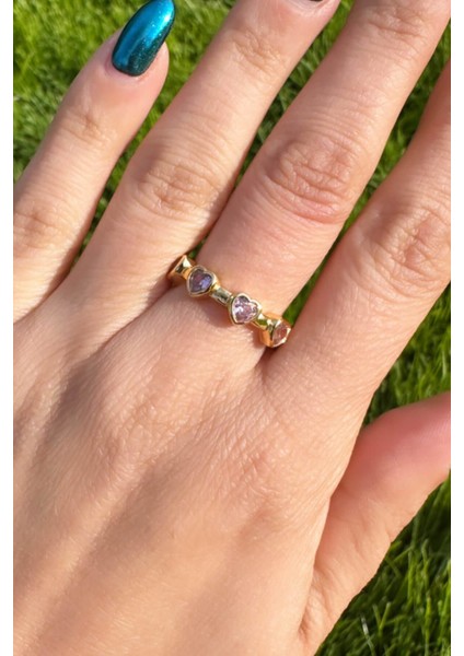 Gold Zirkon Pembe Taşlı Kalp Yüzük