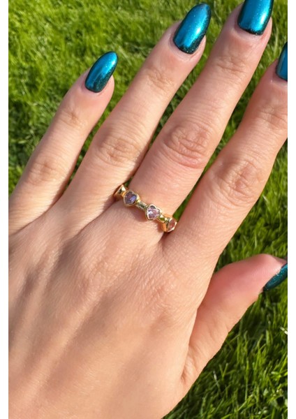 Gold Zirkon Pembe Taşlı Kalp Yüzük