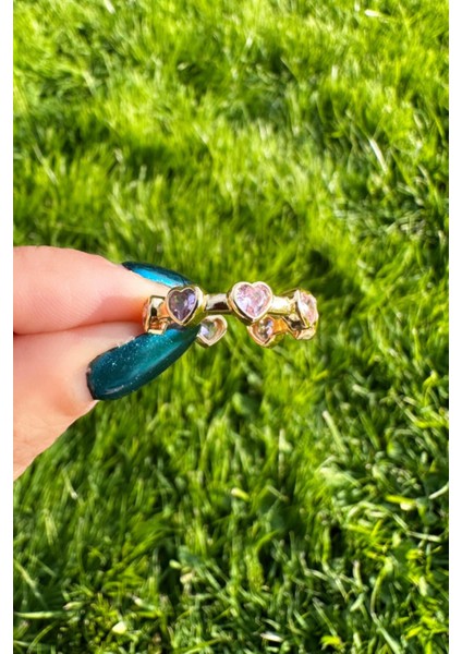 Gold Zirkon Pembe Taşlı Kalp Yüzük