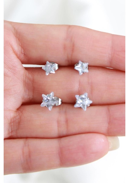 Zirkon Yıldız Taşlı Çelik Büyük Boy ve Küçük Boy Küpe Set