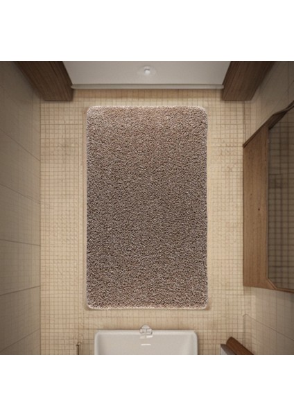 Kaymaz Taban Bej Yıkanabilir Kesme Shaggy Banyo Paspası 57X97 cm