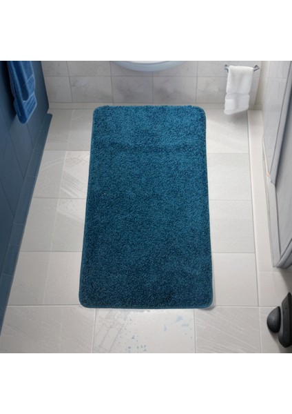 Kaymaz Taban Mavi Yıkanabilir Kesme Shaggy Banyo Paspası 57X97 cm