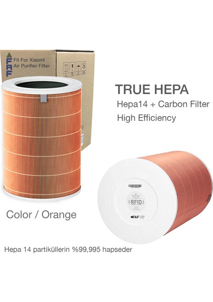 True Hepa 14 Filtre  Xiaomi Mi Air Purifier Hava Temizleyici 2c Model: Ac-M8-Sc Uyumlu Özel Seri High Efficiency Filtre Turuncu