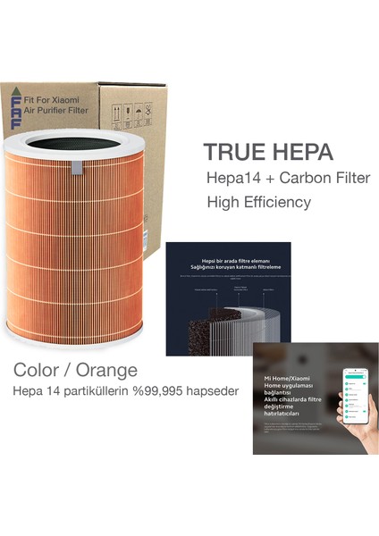 True Hepa 14 Filtre  Xiaomi Mi Air Purifier Hava Temizleyici 2c Model: Ac-M8-Sc Uyumlu Özel Seri High Efficiency Filtre Turuncu