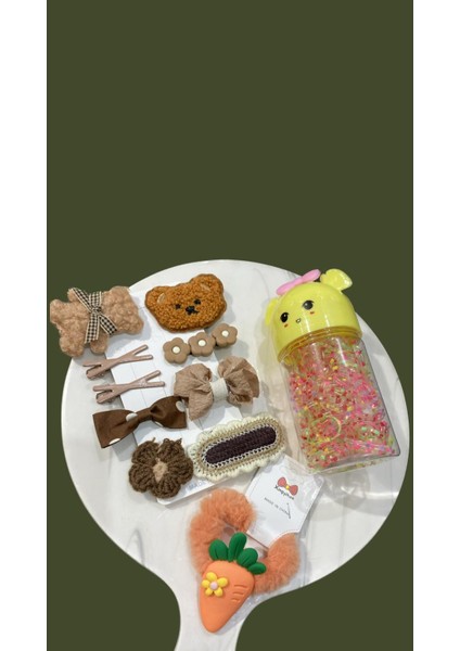 Yeni Model Çıt Çıt Pens Toka Seti & Tüylü Havuçlu Lastik Toka & Ayıcık Kutulu Benekli Örgü Lastiği