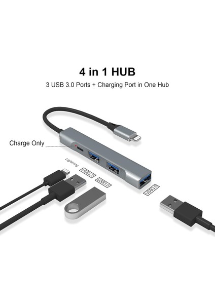 Lightning To USB Hub 4'ü 1 Arada USB Otg Hub, 3 USB 3.0 Bağlantı Noktalı ve Hızlı Şarj Bağlantı Noktalı