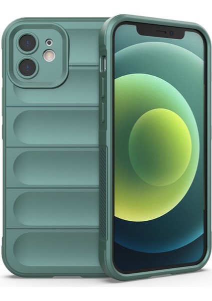 Apple iPhone 12 Uyumlu Kamera Korumalı Dalgalı Silikon Kılıf-Koyu Yeşil