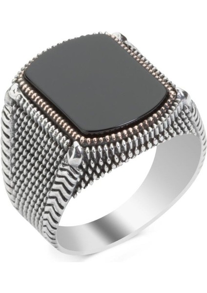 925 Ayar Gümüş Düz Kesim Oniks Taşlı Erkek Yüzük