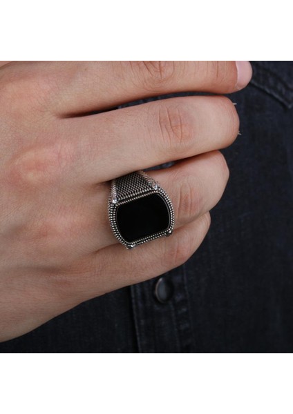 925 Ayar Gümüş Düz Kesim Oniks Taşlı Erkek Yüzük fiyatları