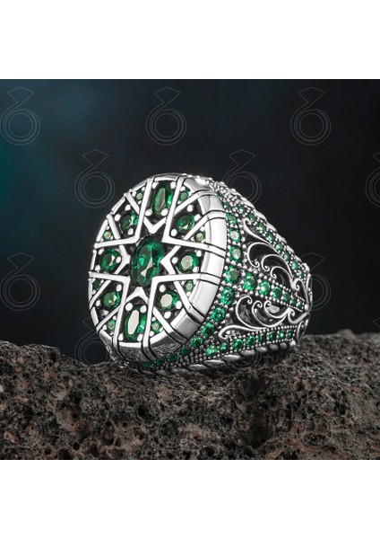 925 Ayar Gümüş Yeşil Zirkon Taşlı Erkek Yüzük