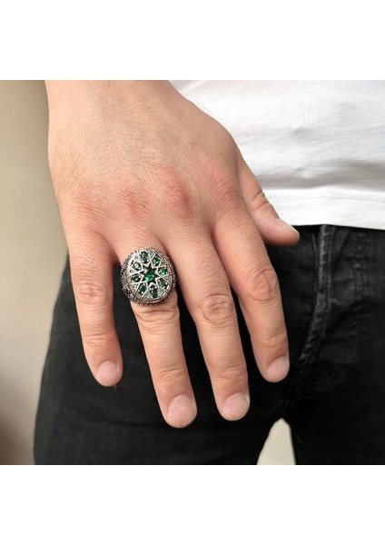 925 Ayar Gümüş Yeşil Zirkon Taşlı Erkek Yüzük fiyatları