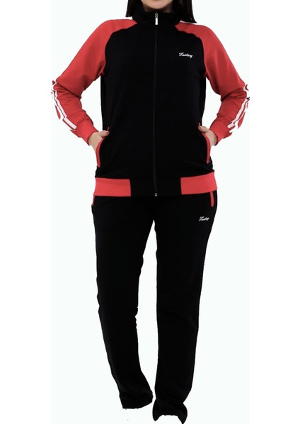 Kadın Siyah Yarım Balıkçı Yaka Boydan Fermuarlı Iki Iplik Büyük Beden Eşofman Takım EDY18307B-S