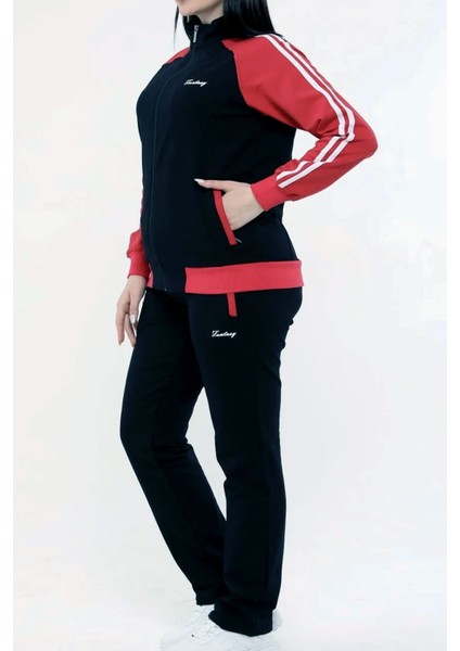 Kadın Lacivert Yarım Balıkçı Yaka Boydan Fermuarlı Iki Iplik Büyük Beden Eşofman Takım EDY18307B-L