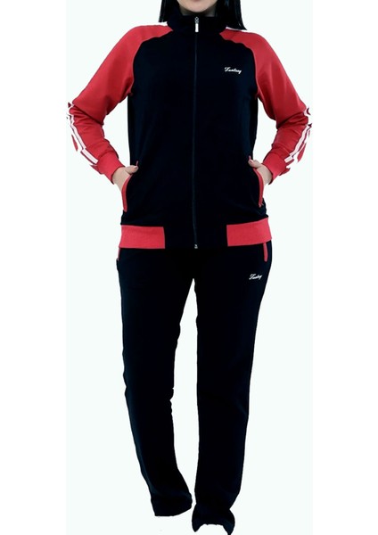 Kadın Lacivert Yarım Balıkçı Yaka Boydan Fermuarlı Iki Iplik Büyük Beden Eşofman Takım EDY18307B-L fırsatları