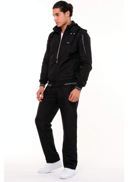 Siyah Erkek Mıcropoly Kumaş Içi Polarlı Tak Çıkar Kapüşonlu Kışlık Eşofman Takım EDY2597S