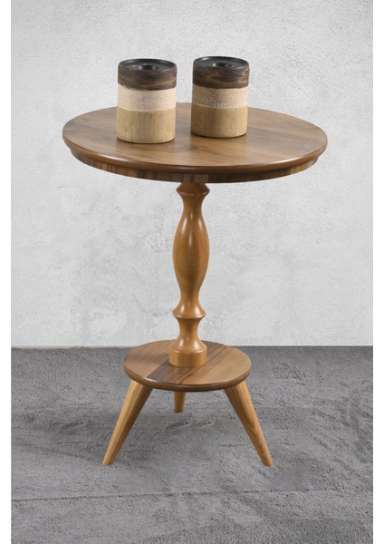 Dekoratif Fiskos Ahşap Torna Ceviz Cilalı Ayak Mdf Yan Sehpa Çiçeklik Vazo Abajur Standı 52 cm Çap