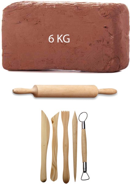 Kahve Çamur Kırmızı Kil Seramik Hamuru 6 kg Ebeşuar Seti Ahşap Merdane Seramik Set
