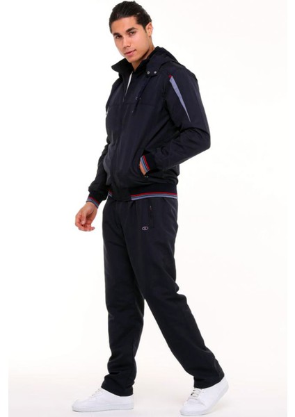 Koyu Lacivert Erkek Mıcropoly Kumaş Içi Polarlı Kapüşonlu Kışlık Eşofman Takım EDY2597L