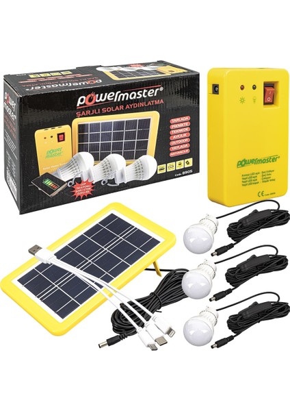 Powermaster PM-8905 Güneş Panelli 3 Lambalı Powerbank Özellikli Çok Amaçlı Şarjlı Solar Aydınlatma