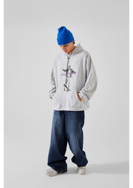 Skateboard Baskılı Gri Oversize Hoodie