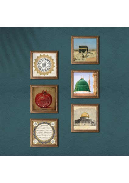 Kabe-i Muazzama, Mescid-i Aksa, Ravza-i Mutahhara, Şems Suresi, Hilye-i Şerif, Bereket Duası Taş Duvar Tablosu Ahşap Çerçeveli Duvar Dekoru 6 Parça Tablo Seti Wall Art W6-65