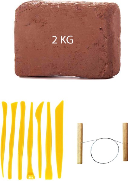 Kahve Çamur Kırmızı Kil Seramik Hamuru 2 kg Plastik Ebeşuar Seti 7 Parça Çamur Kesme Teli