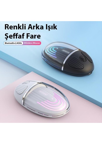 Şeffaf Işıklı Sessiz Şarjlı 1200DPL Çift Cihaz Uyumlu 2.4ghz Bluetooth Mouse Kablosuz Mouse