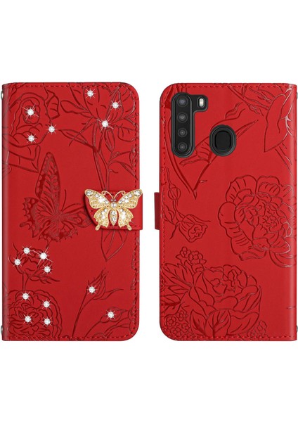 Samsung Galaxy A21 Için Cüzdan Kelebek Kapağı Ayarlanabilir Boyun Kayışı Crossbody Lanyard Kılıf (Yurt Dışından)