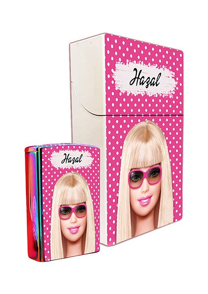 Barbie Baskılı Sigara Tabakası ve Kaydırmalı Çakmak Seti Kişiye Özel Isimli