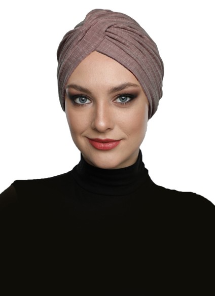 Çapraz Penye Astarlı Hibiskus Rengi Hazır Türban Havuz Bonesi